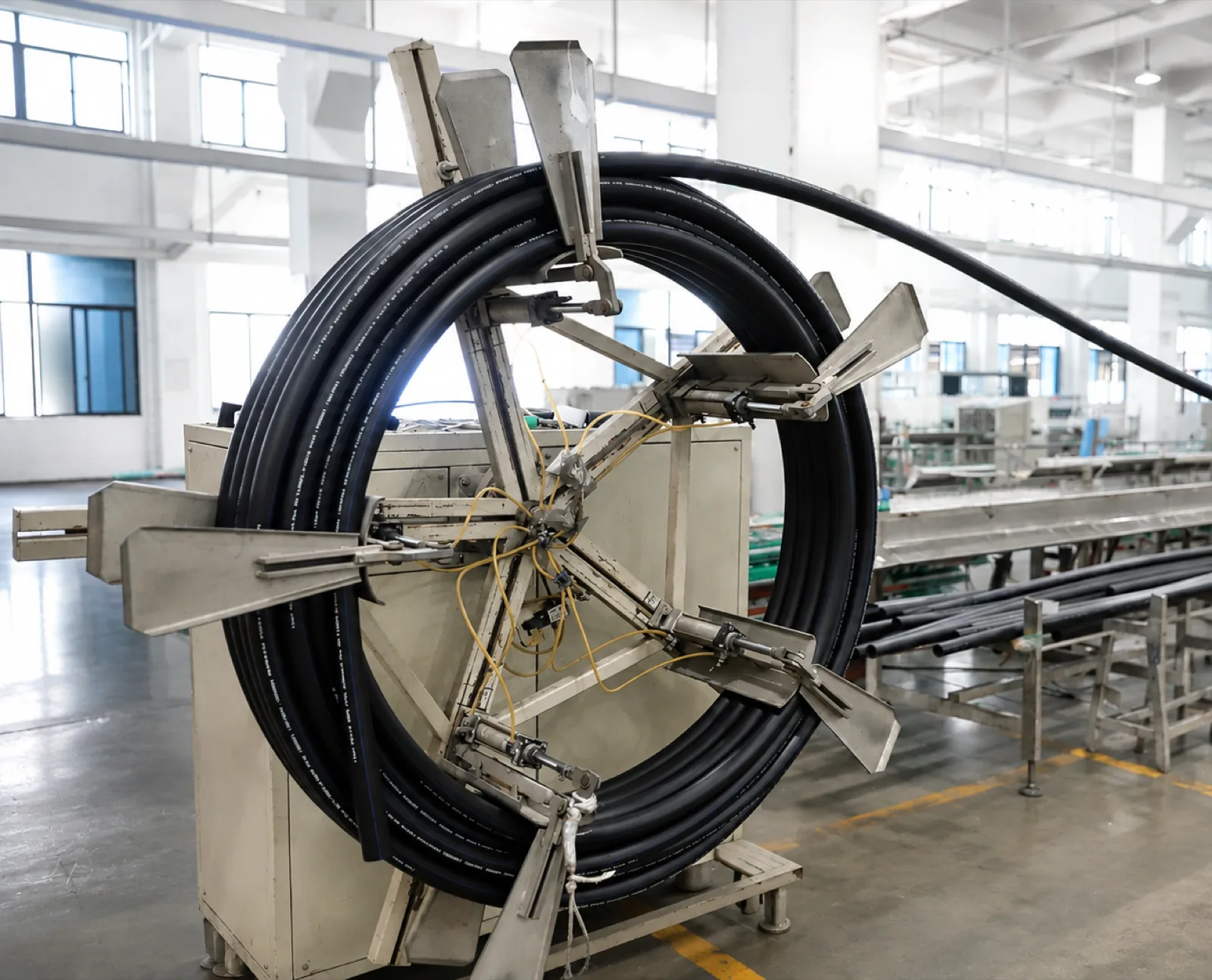 HDPE pipe being wound on the coiler at the end of the extrusion line