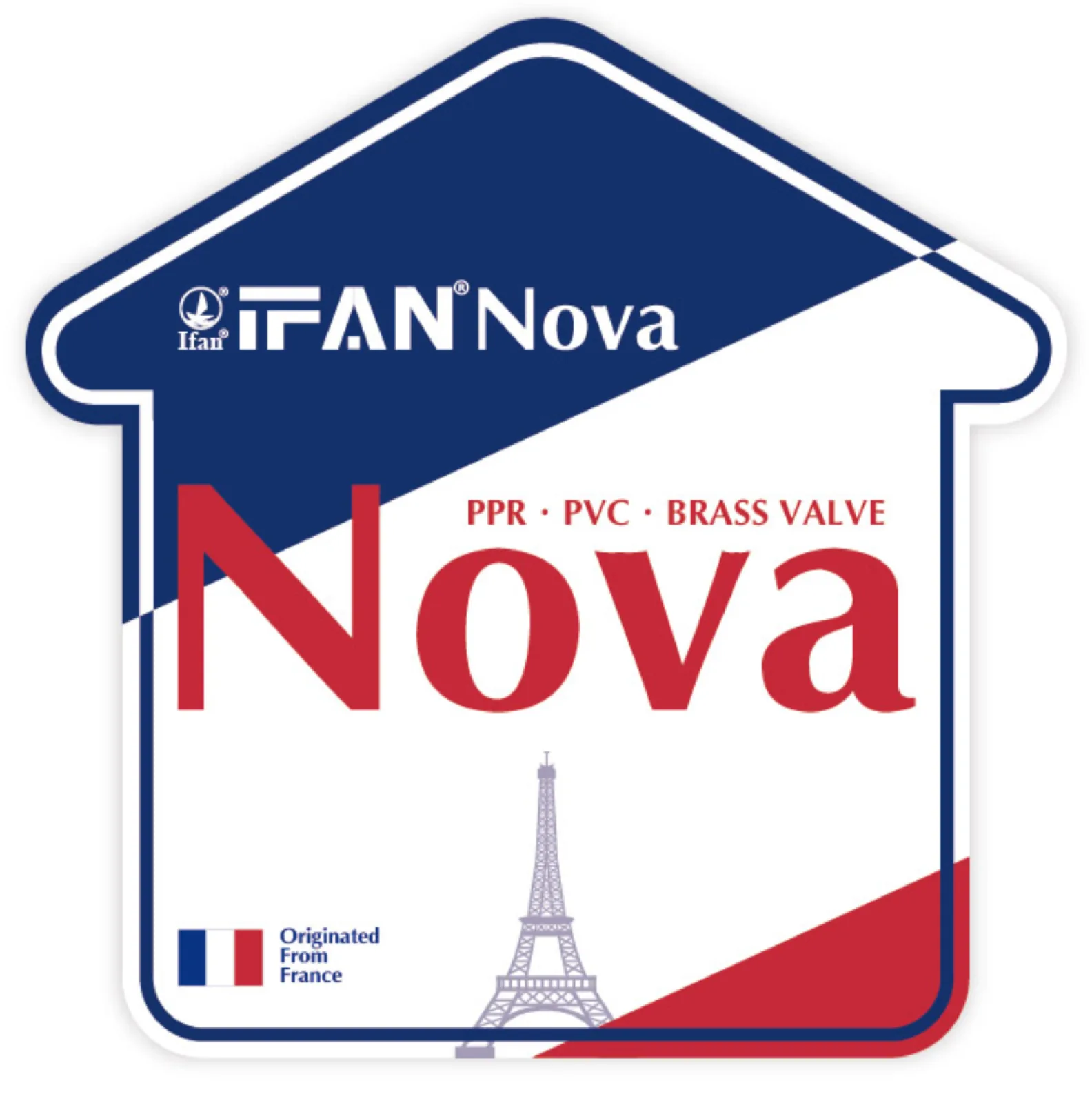 IFANNova brand label — French identity, Eiffel Tower and tricolour on PPR, PVC, brass and valve packaging