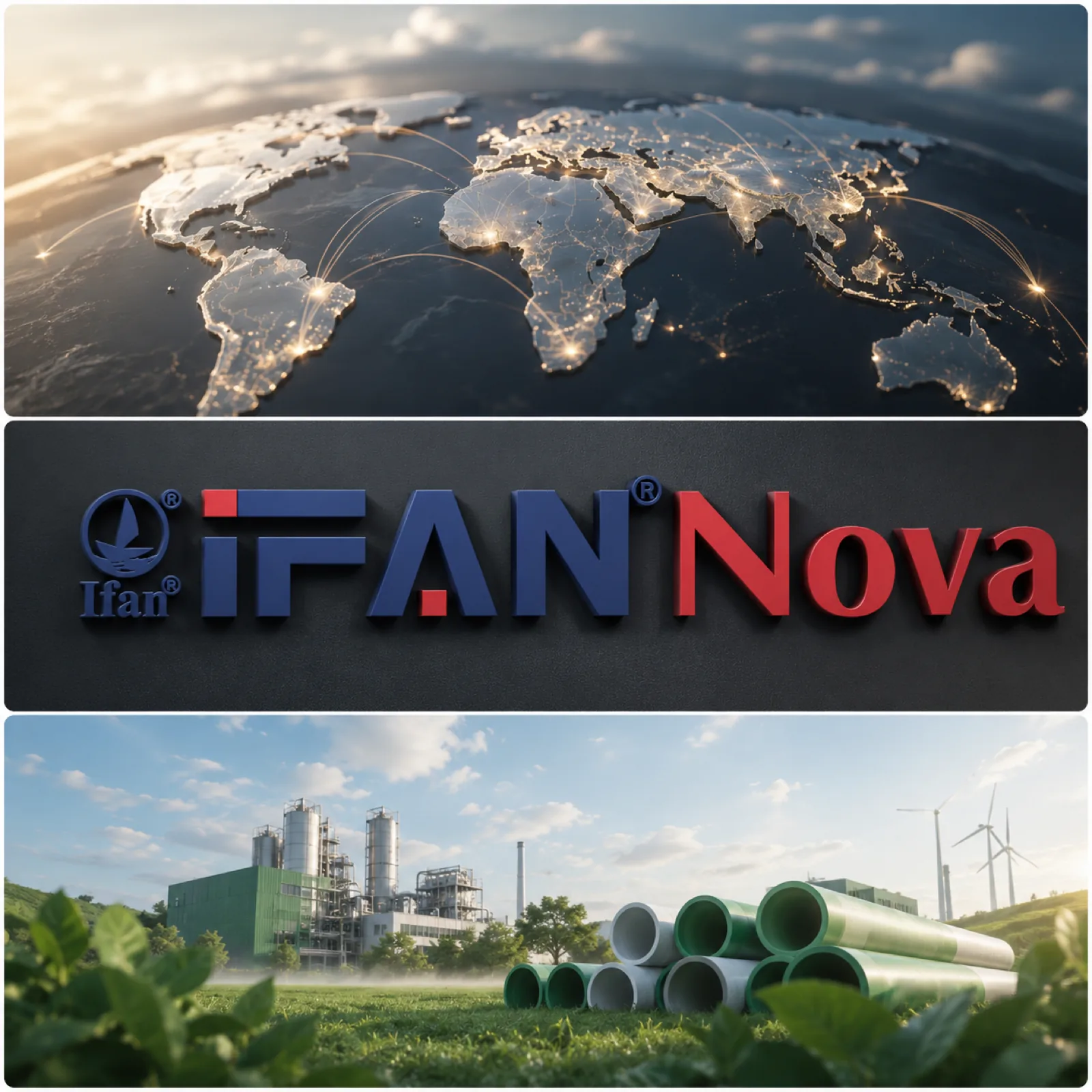 IFANNova global reach — world map, brand mark and PPR pipe production plant