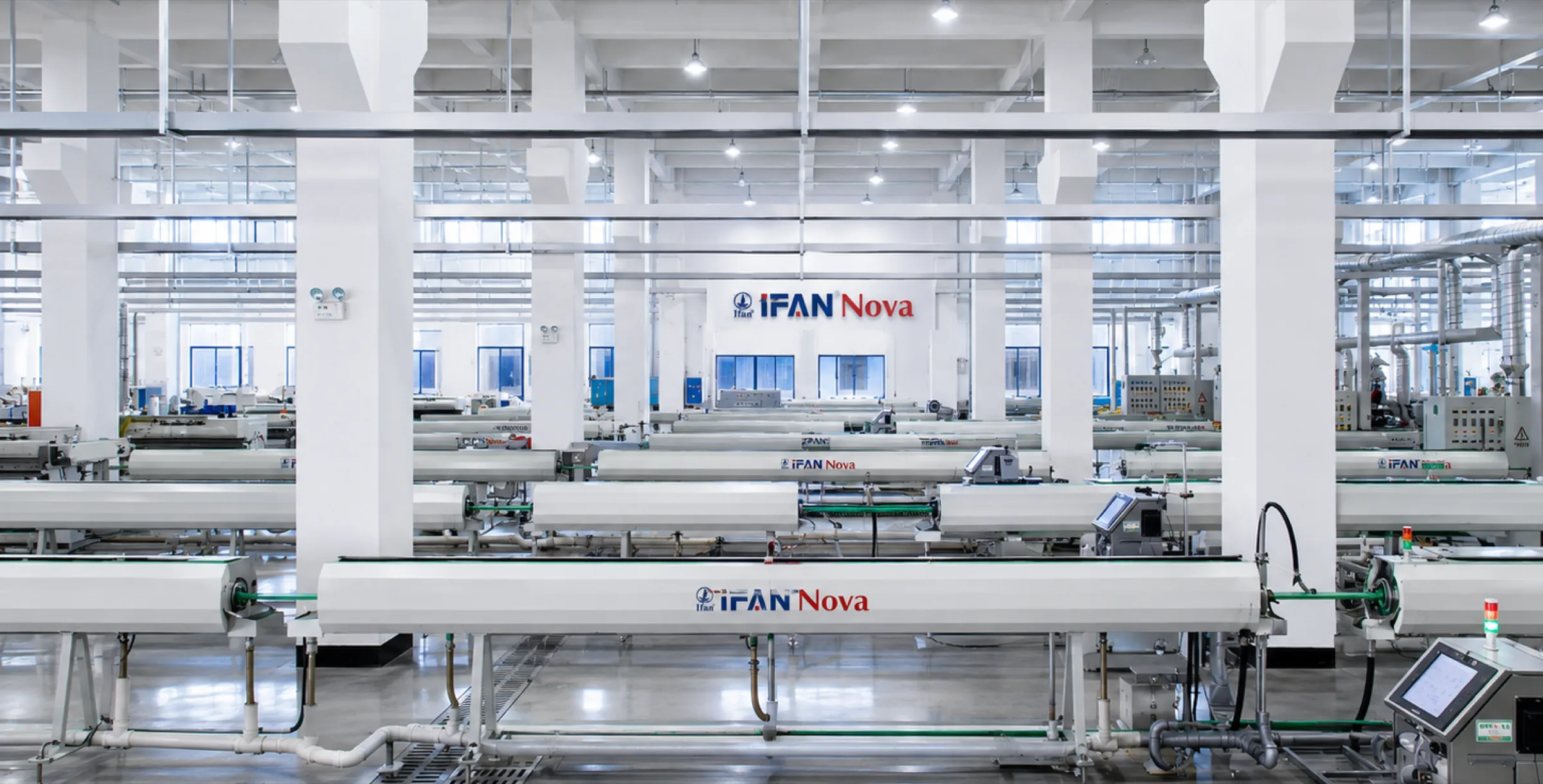 Parallel IFANNova pipe production lines inside the manufacturing hall