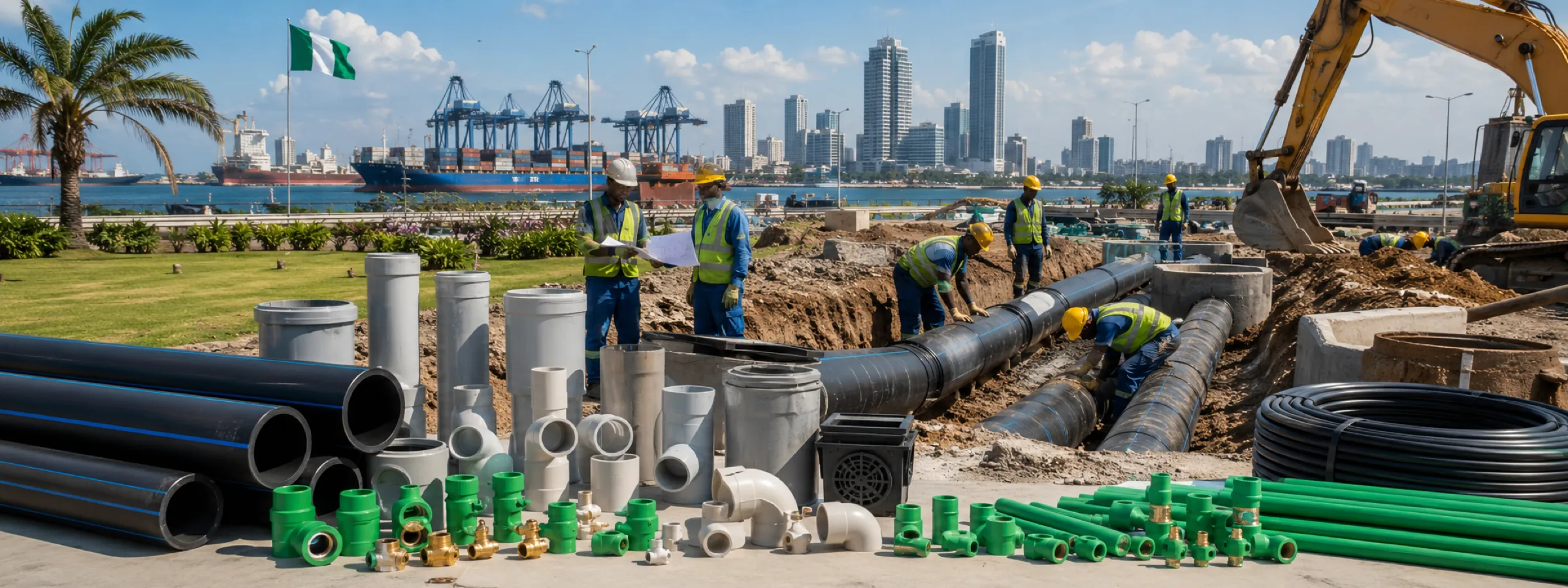 PVC, HDPE and PPR pipe supplied to Nigeria — Lagos port, site crew and full pipe range