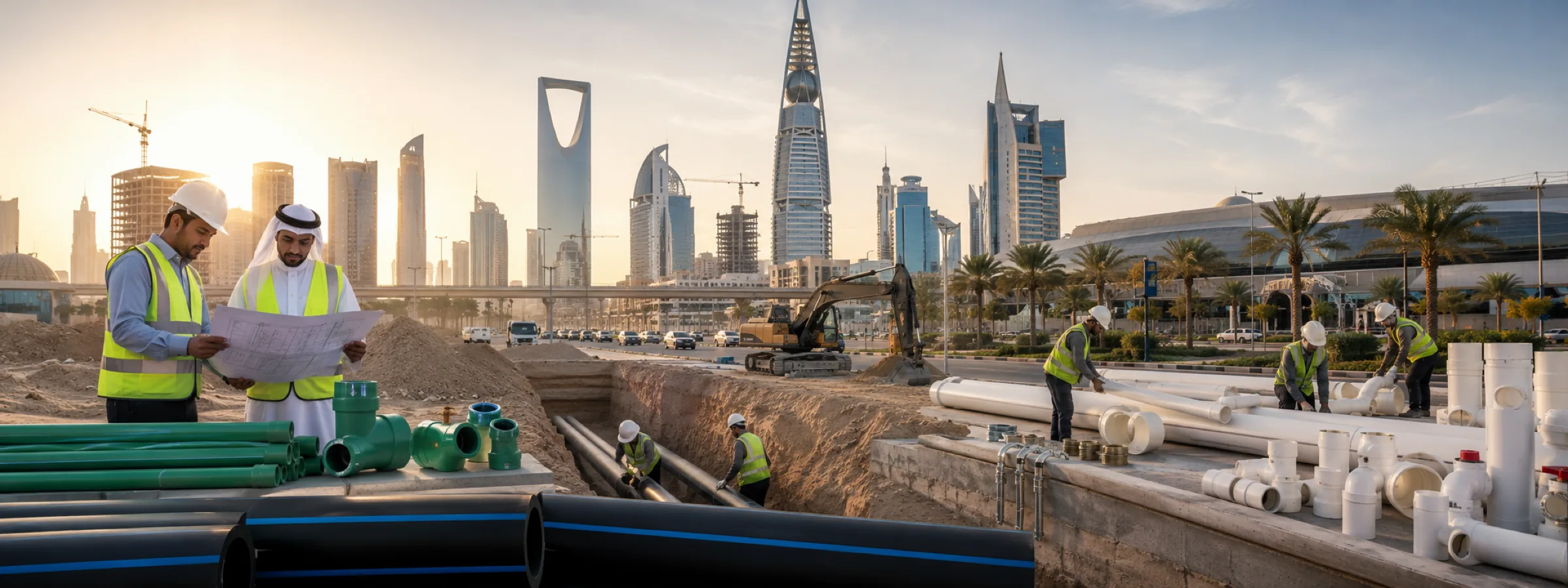 HDPE and PVC pipe on a Saudi Arabian project site with city skyline