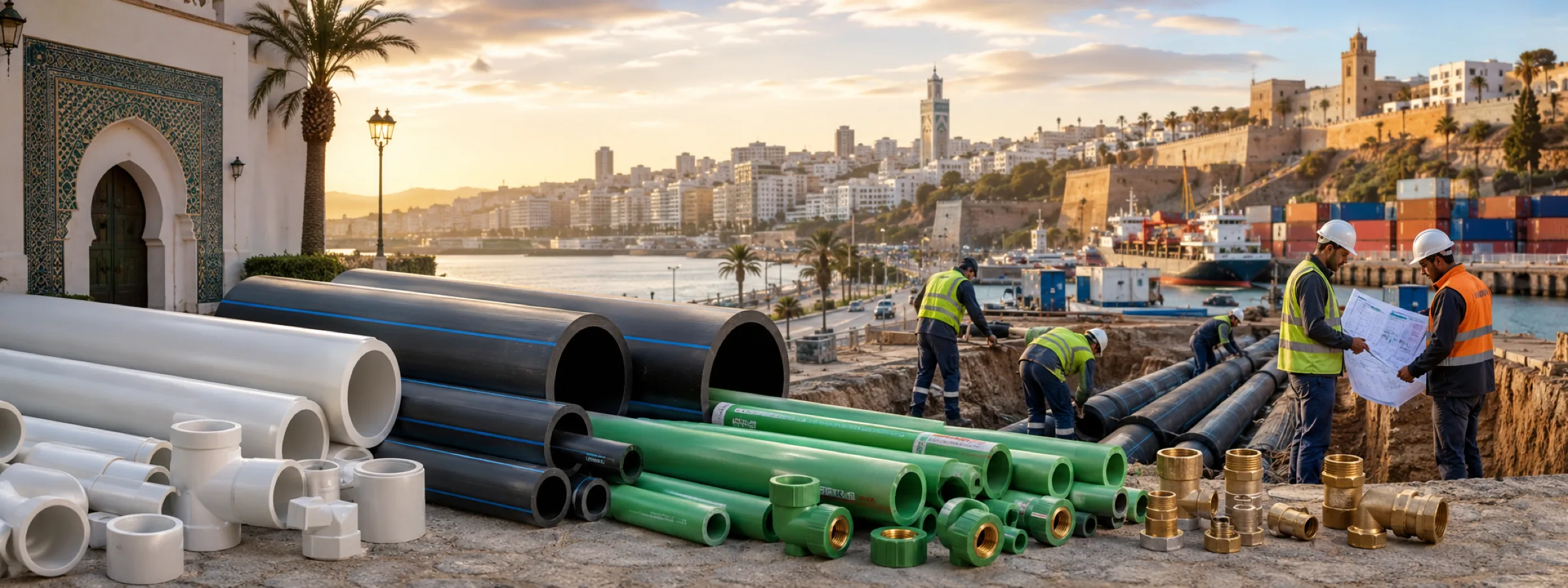 PVC, HDPE and PPR pipe supplied to Morocco — coastal city, site crew and full pipe range