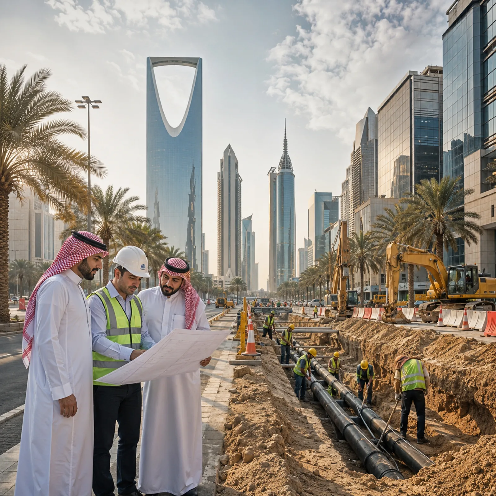 Riyadh skyline with engineers reviewing drawings beside a piping trench