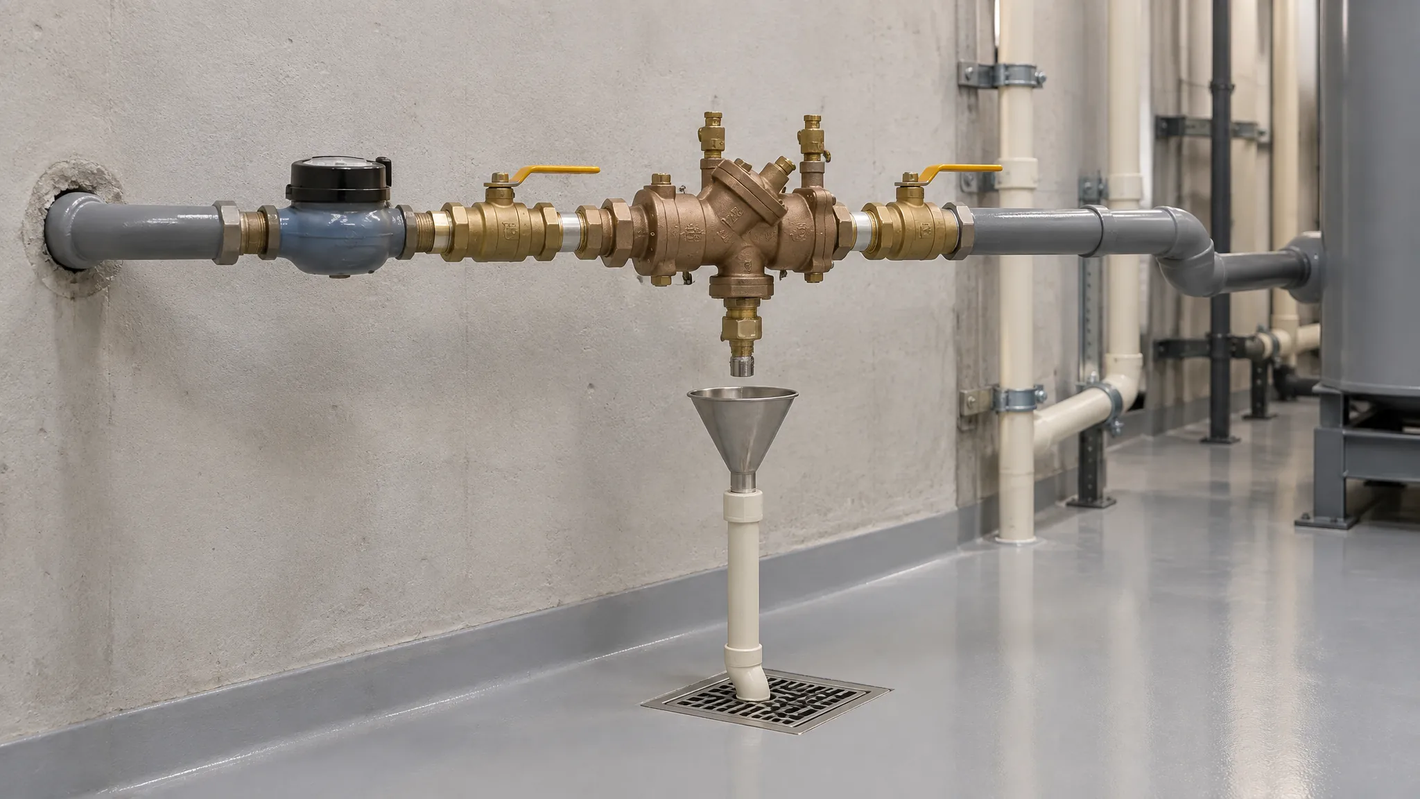 Illustrated building water service with a meter, lever valves and a central device above a drain funnel.