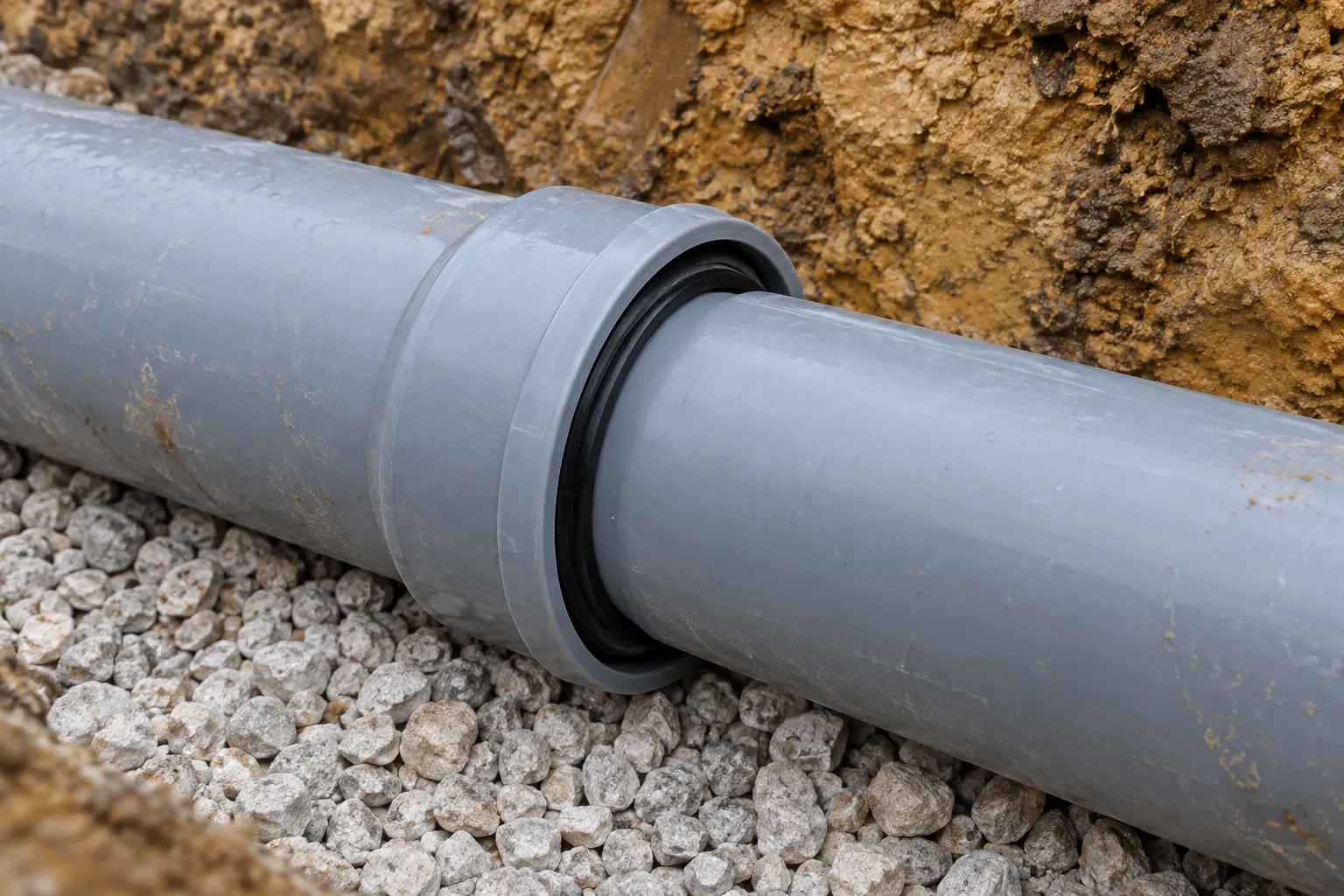 Push-fit spigot-and-socket joint on grey PVC gravity sewer pipe bedded in crushed stone, the black rubber sealing ring visible at the socket mouth, with no restraint hardware fitted