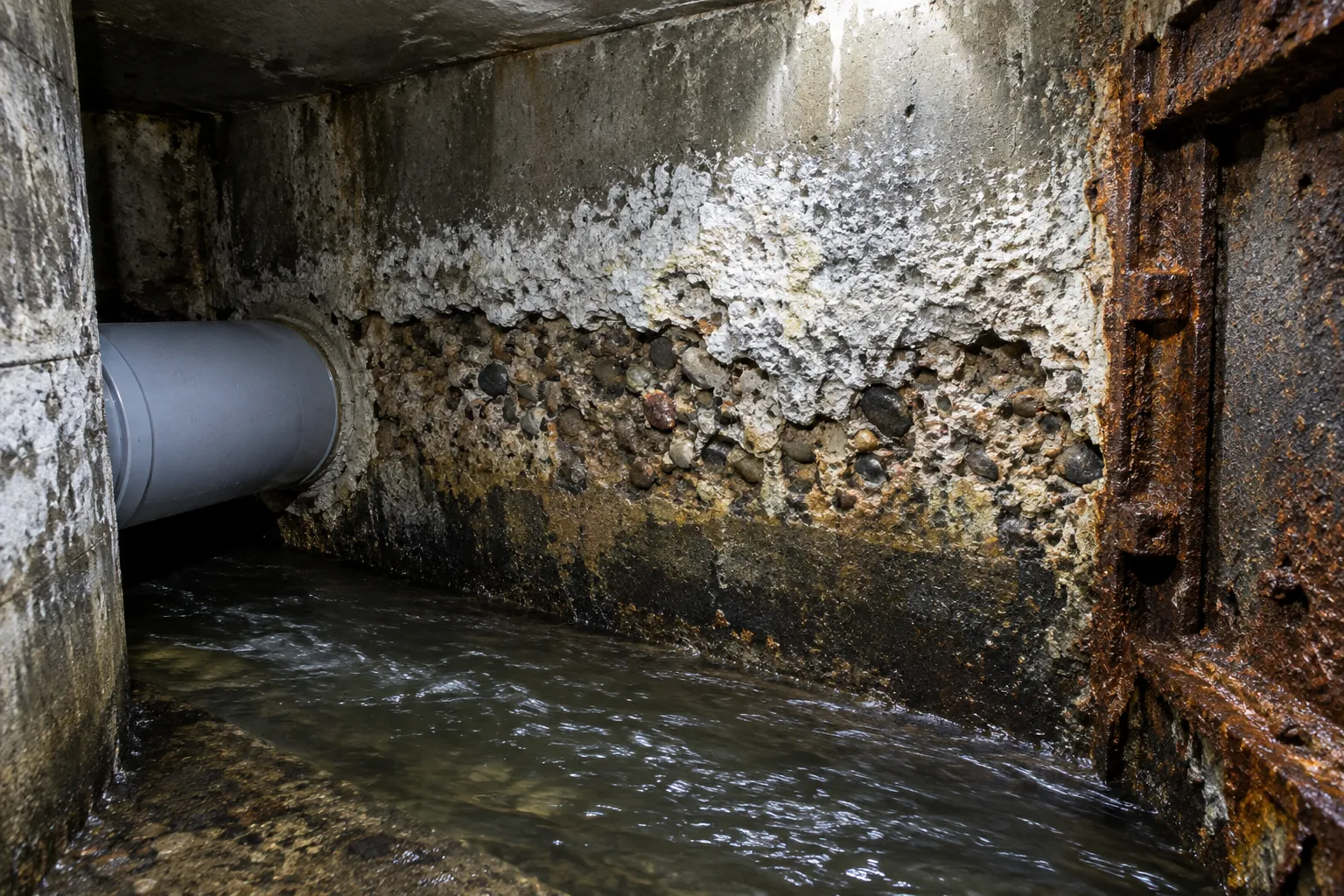 Interior of a concrete sewer discharge chamber where the cement paste has corroded back to expose rounded aggregate, with a chalky crust above the flow line and a rust-pitted cast iron frame, beside a smooth undamaged grey plastic pipe