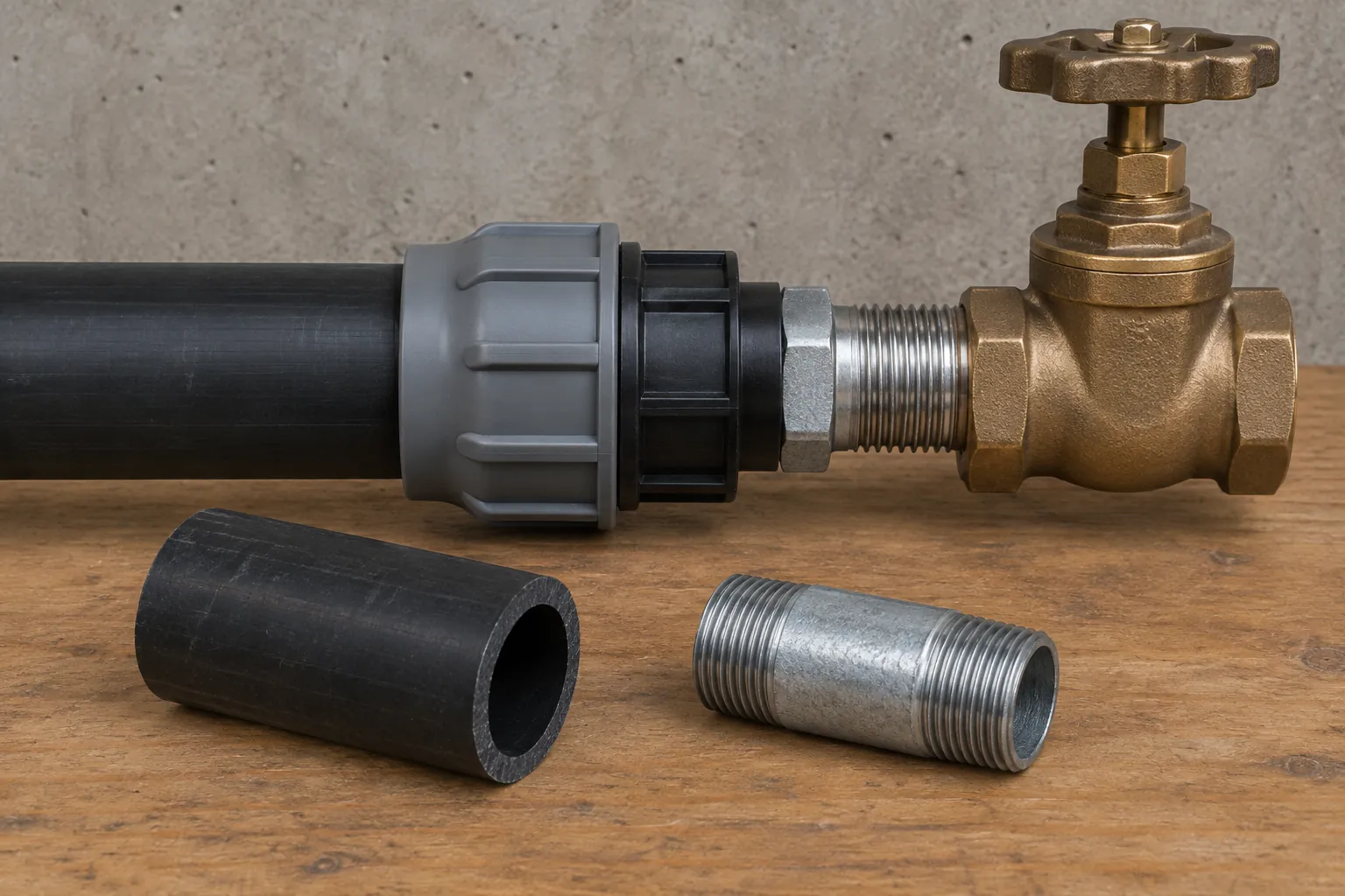 Black HDPE pipe held in a grey and black plastic compression fitting whose male metal thread screws into a bronze gate valve, with an offcut of thick-walled black pipe and a galvanised threaded nipple on a wooden bench
