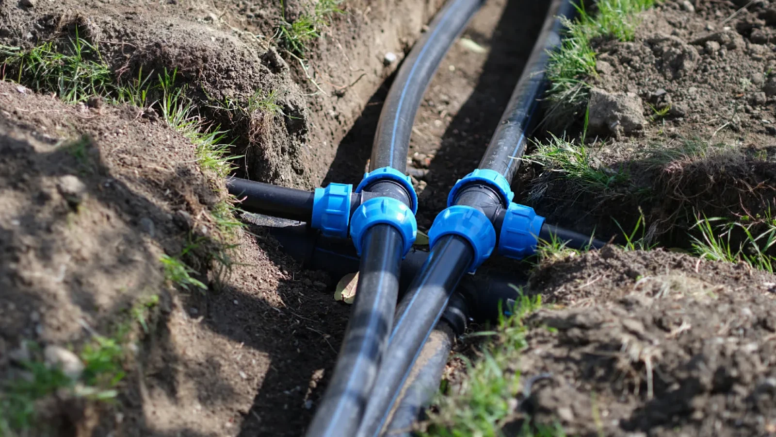 Black small-bore HDPE irrigation pipe lying in an open earth trench, branched by two blue plastic compression couplers into a side run