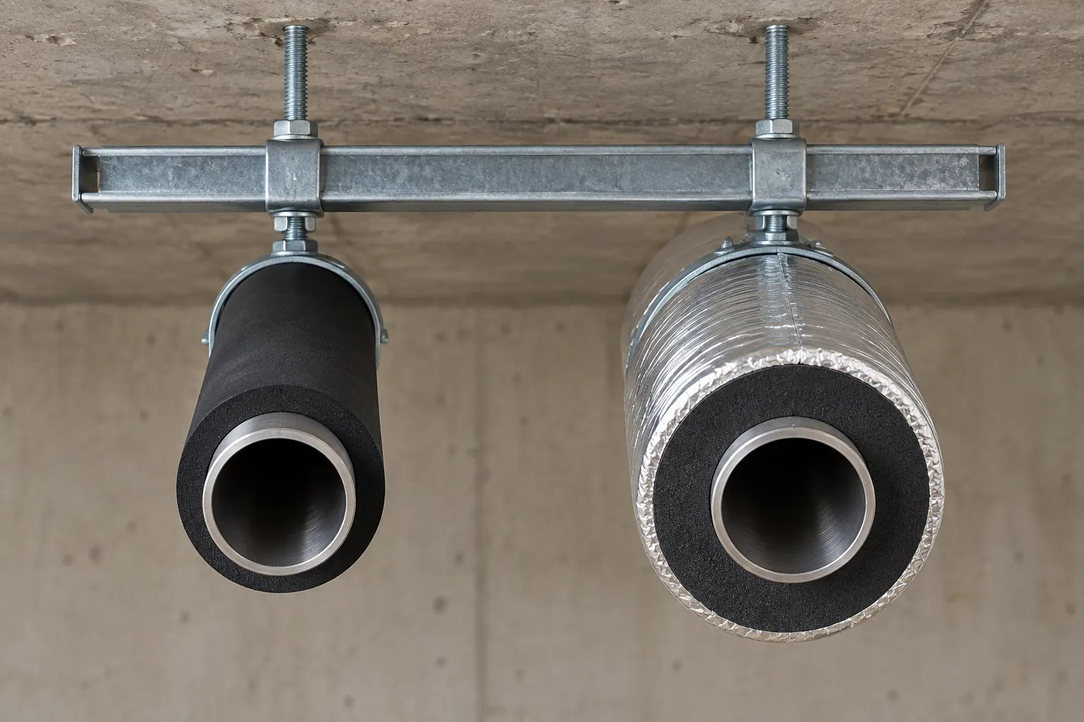 Two identical steel pipes hung side by side from a concrete slab, seen at their cut ends: the left in a thinner layer of matte black elastomeric insulation, the right in a much thicker layer finished with bright aluminium foil