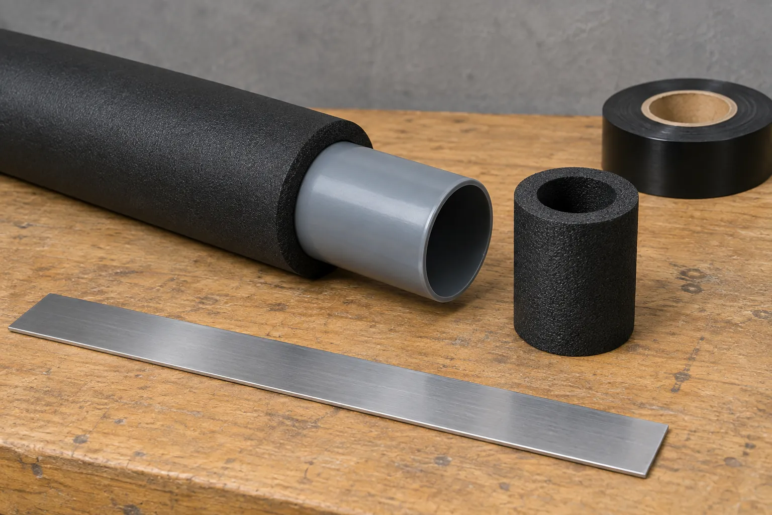 Grey plastic pressure pipe on a workbench with a black closed-cell elastomeric insulation tube slid over it, its bore matched to the pipe outside diameter, beside a short offcut of tube showing its wall thickness and a roll of black insulation tape