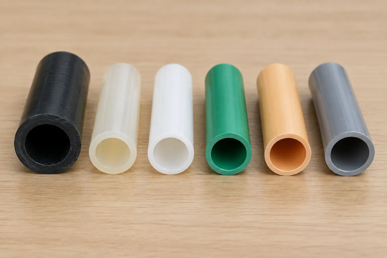 Six short cut sections of plastic pipe in a row on a wooden bench: black PE, translucent PEX, white PE-RT, green PP-R, tan CPVC and grey PVC
