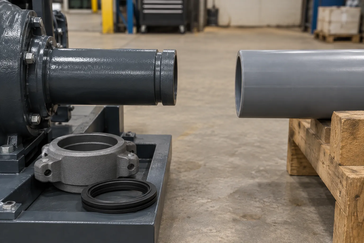 Discharge spool of a charcoal-grey pump skid with a machined groove near its end, a loose grey grooved coupling housing and black gasket on the skid frame, facing the plain square-cut end of a grey plastic pressure pipe on a timber cradle