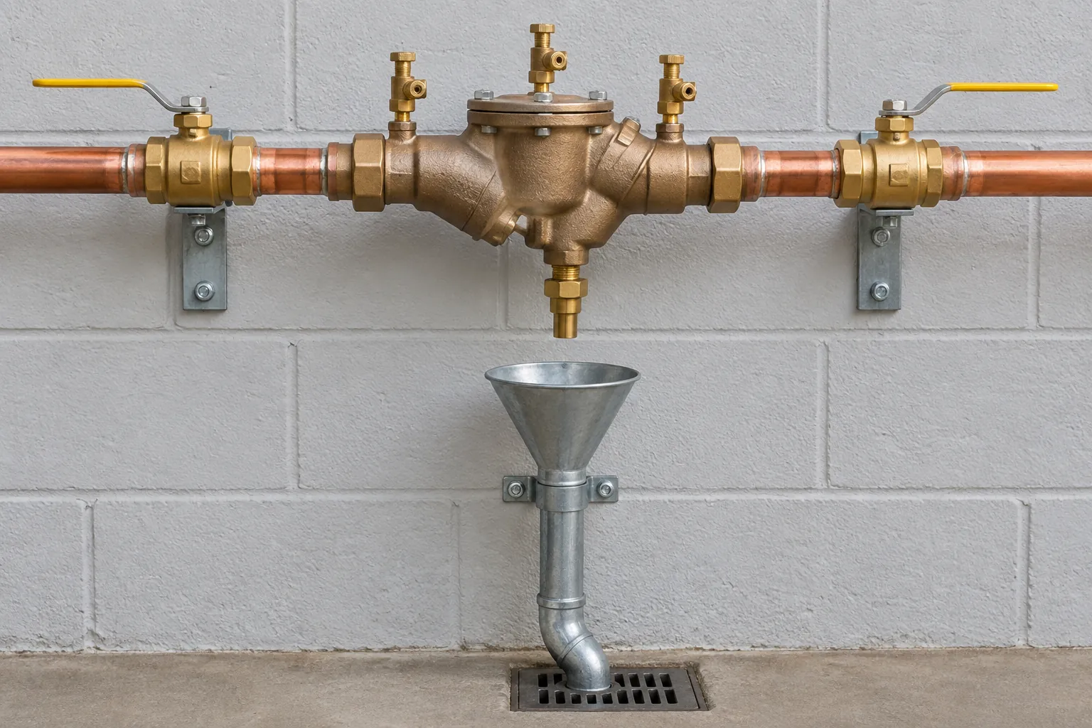 Reduced pressure zone backflow preventer on a copper supply pipe with a brass lever isolating ball valve directly upstream and downstream, test cocks on the body, and the relief outlet ending above a funnel tundish with a visible air gap before the floor drain