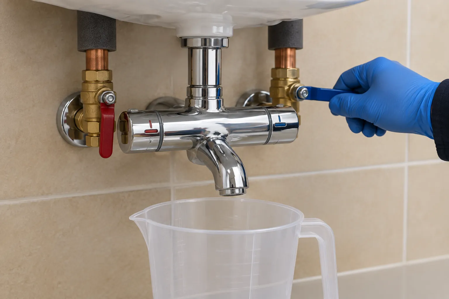 Gloved hand closing the brass isolation valve on the cold inlet of a chrome thermostatic mixing valve beneath a basin, with a clear measuring jug under the outlet