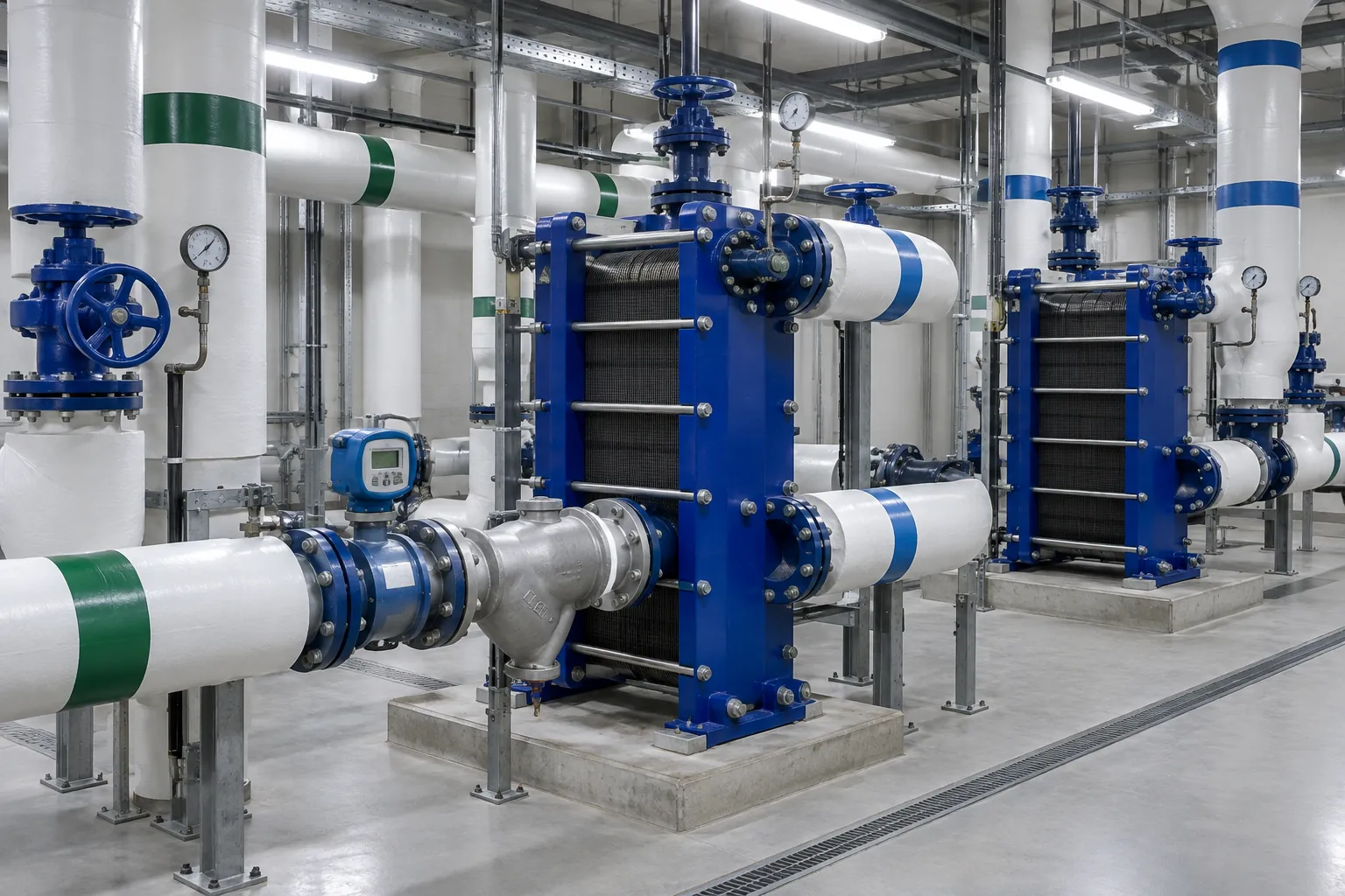 Plate heat exchangers, energy meter, strainer and isolation valves in a district cooling energy transfer station