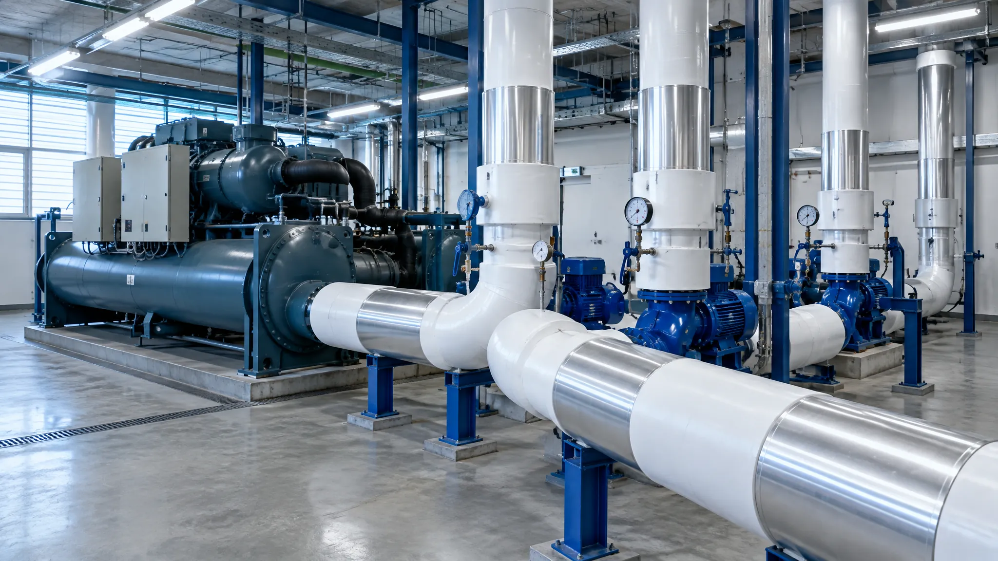 Insulated chilled water pipework leaving a water chiller in a plant room