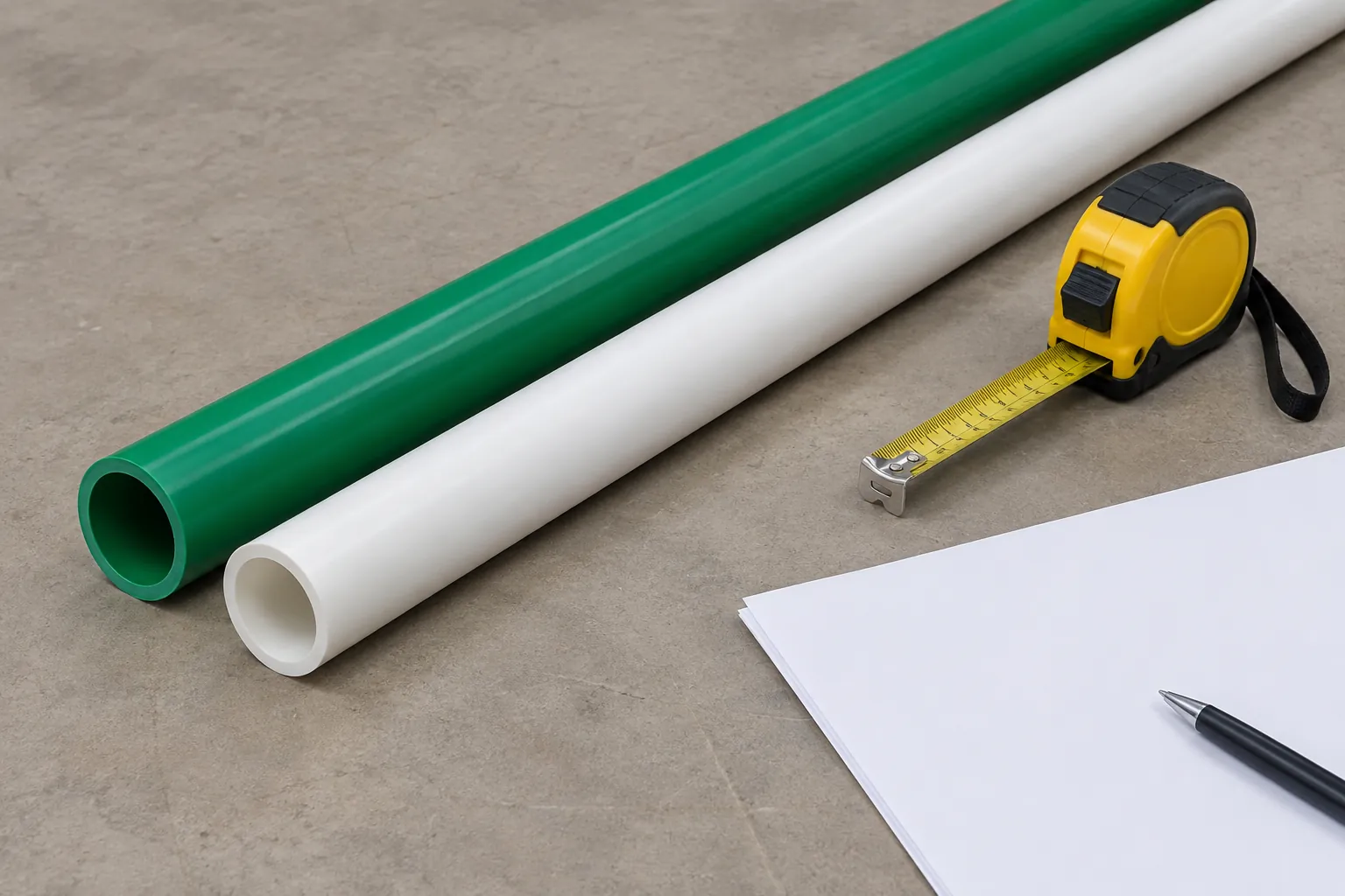 Illustration of plain green and white plastic pipes beside measuring tape and blank paperwork