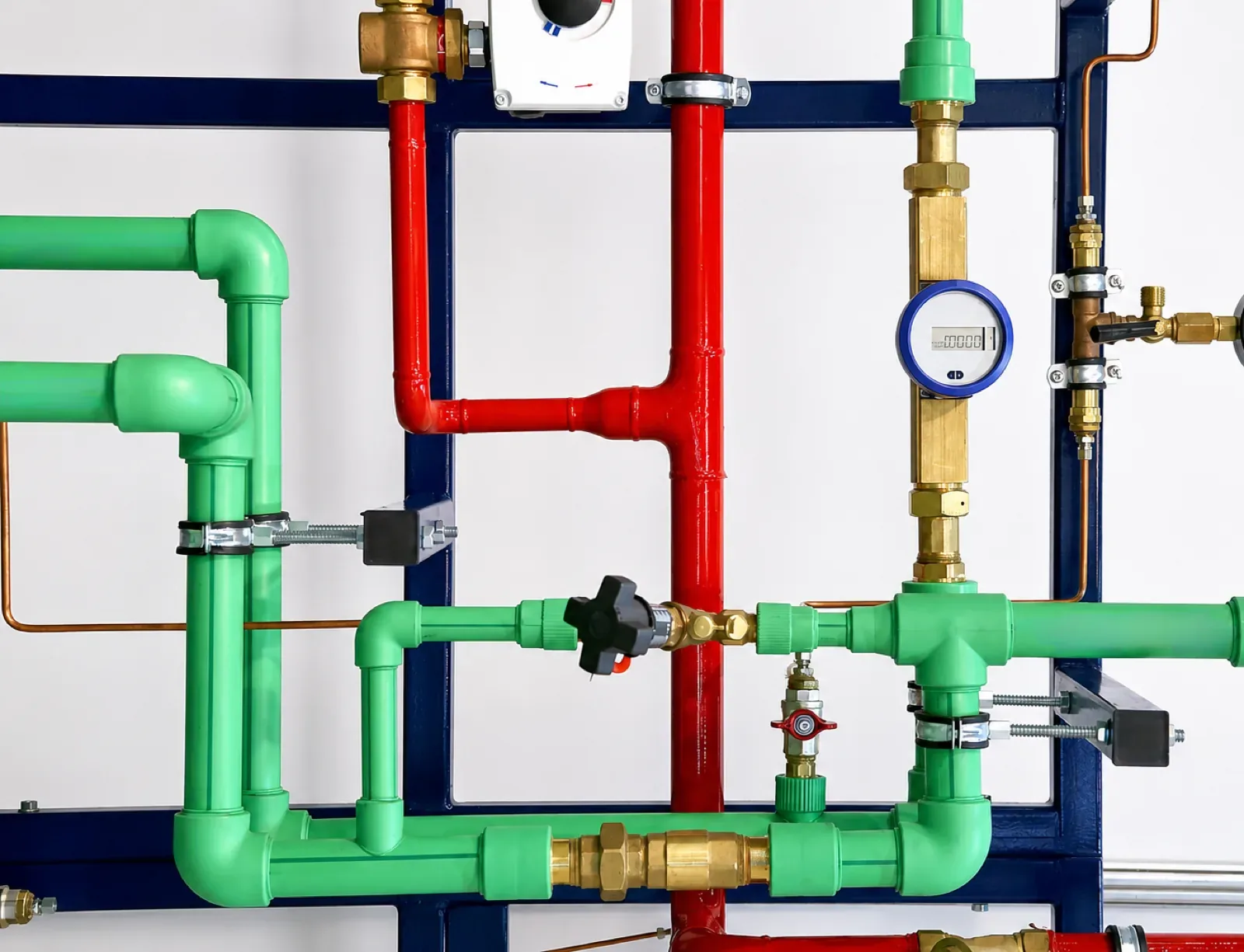 Green plastic pipe and red metal pipe on a display board with brass unions, valves and a meter